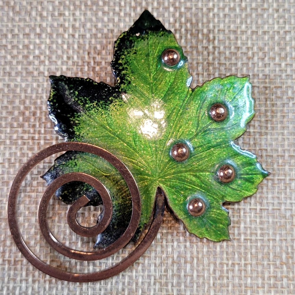 Vintage Matisse Copper Enamel Leaf Pin Green & Black Enamel Mid Century Modern